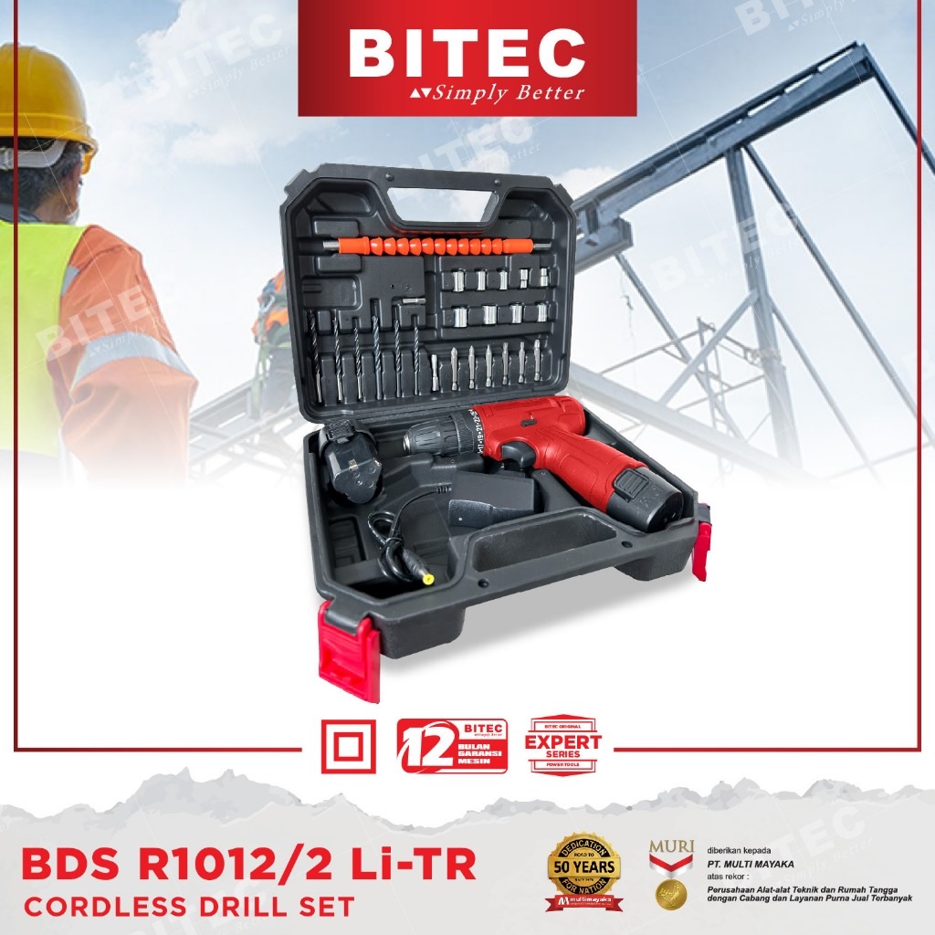 BITEC Cordless Drill Set Bor Baterai 12V 2 Baterai Slim & Powerful BDS R1012/2 Li-TR