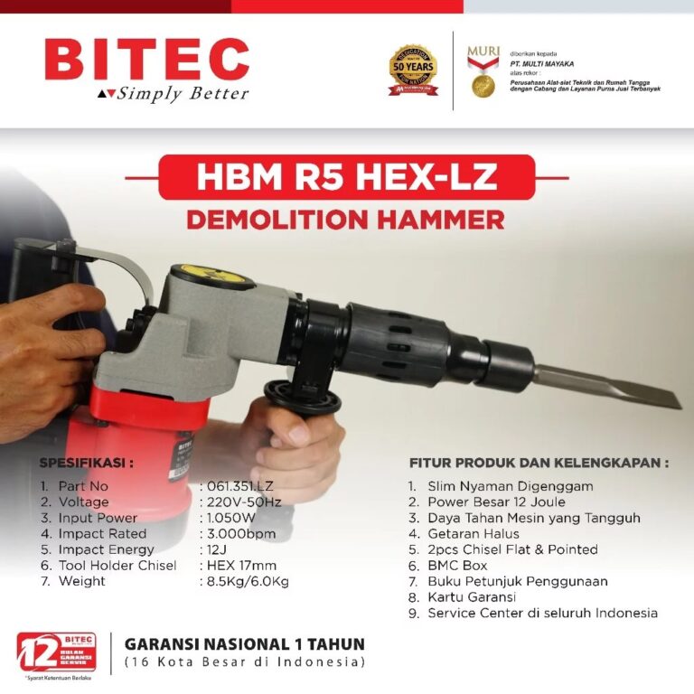 BITEC Demolition Hammer 1050W 12 Joule | Jack Hammer Listrik HEX 17mm | Mesin Bobok Beton Profesional | Garansi 1 Tahun HBM R5 HEX-LZ