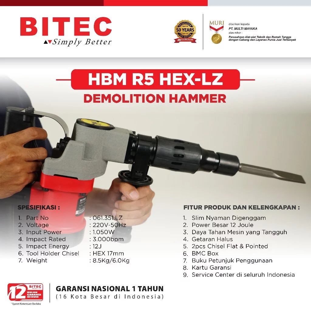 BITEC Demolition Hammer 1050W 12 Joule | Jack Hammer Listrik HEX 17mm | Mesin Bobok Beton Profesional | Garansi 1 Tahun HBM R5 HEX-LZ