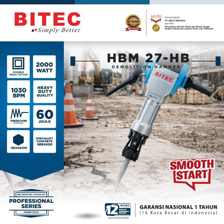 BITEC Mesin Bobok Beton Jalan 1900W Demolition Hammer HEX 28mm Impact 60J HBM 27-HB