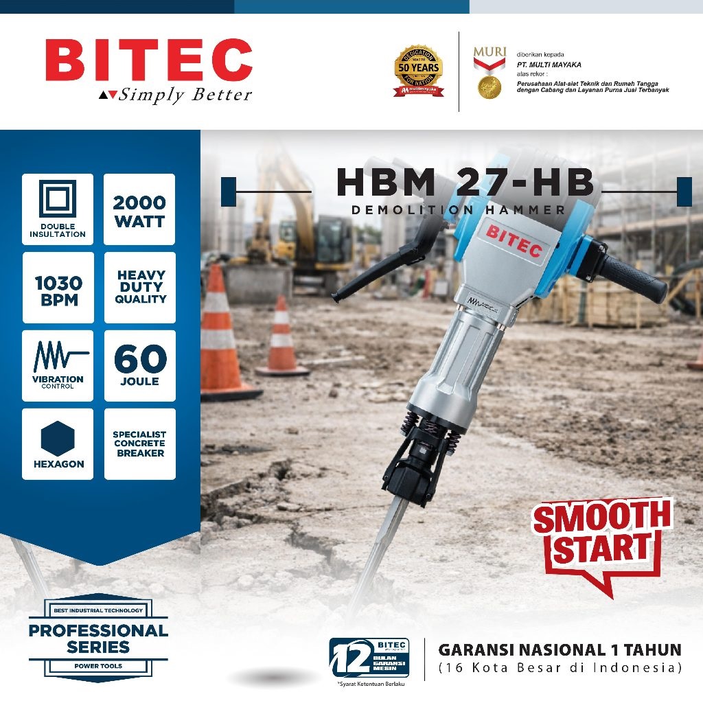 BITEC Mesin Bobok Beton Jalan 1900W Demolition Hammer HEX 28mm Impact 60J HBM 27-HB