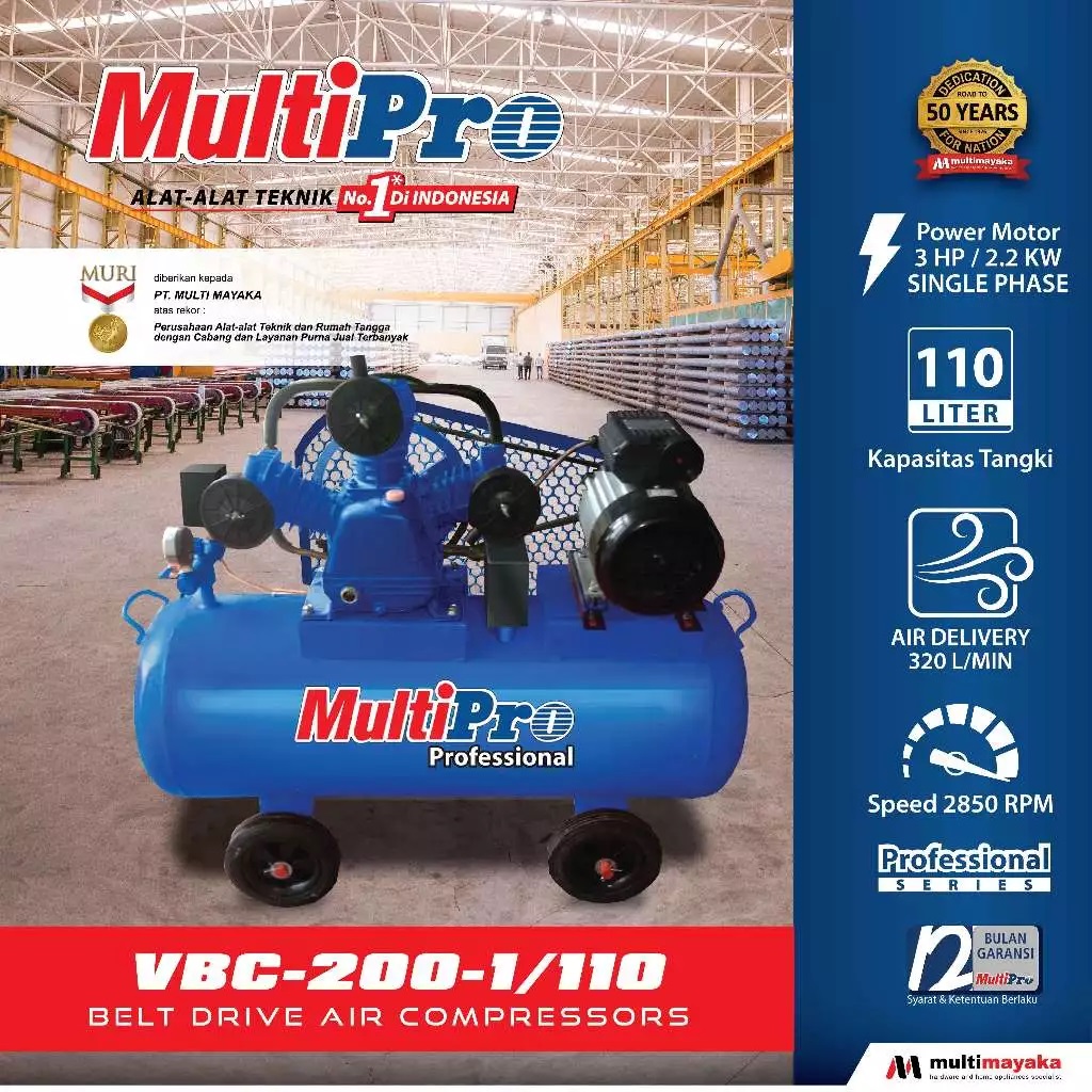 MULTIPRO - KOMPRESSOR / BELT DRIVE AIR COMPRESSOR - TEKANAN 8 BAR KAPASITAS 110 L - VBC 200-1/110 - GARANSI RESMI 1 THN