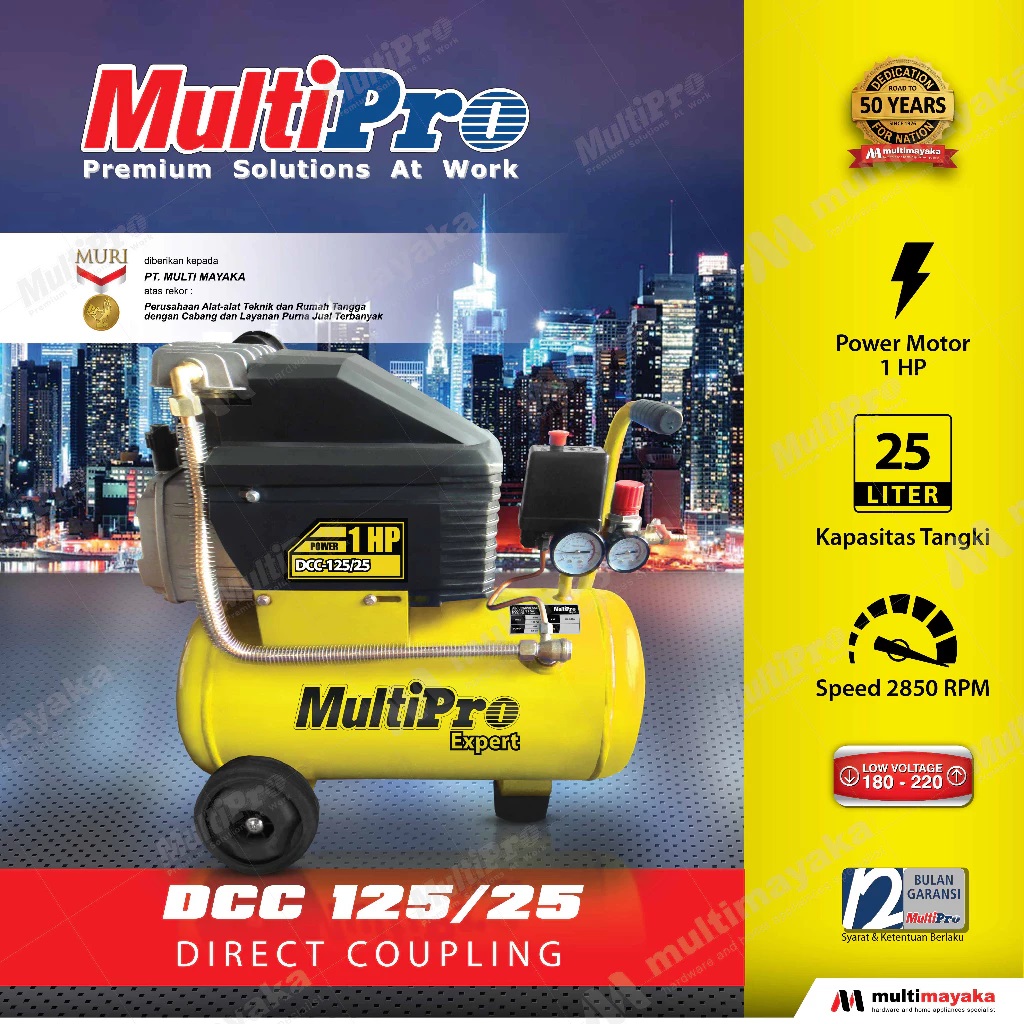 MULTIPRO - KOMPRESSOR UDARA / DIRECT COUPLING - POWER 1 HP TEKANAN 8 BAR KAPASITAS 25 L - DCC-125/25 - GARANSI RESMI 1 THN