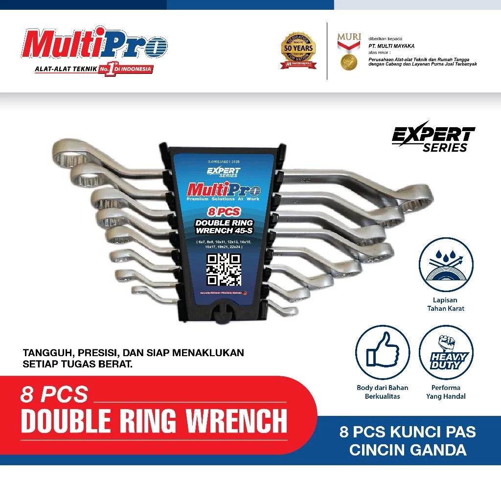 MultiPro 8 Pcs Double Ring Wrench Set 45° | Kunci Ring Offset Baja Krom Vanadium Heavy Duty