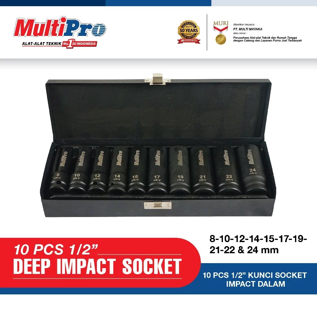 MultiPro 10 Pcs Deep Impact Socket 1/2” CRMO | Soket Impact Panjang Heavy Duty Kunci Impact Pneumatik