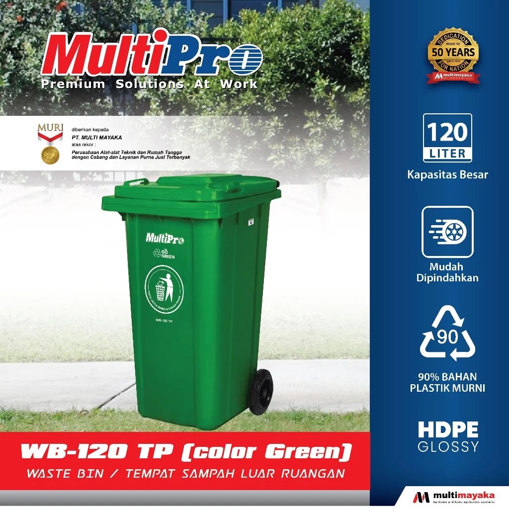 Multipro Tempat Sampah 120 Liter Hijau Waste Bin Outdoor Roda WB-120 TP Garansi Resmi 1 Tahun